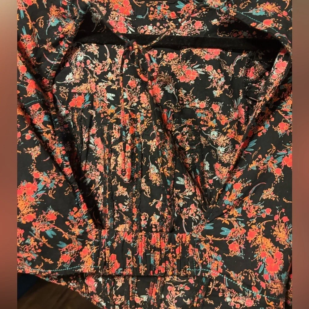 Free People Black Pink Floral Cropped Corset Top Open Back Puff Sleeve Size Sm
